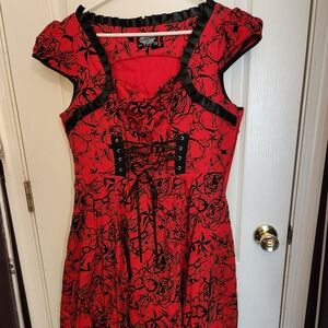 COPY - Red with black flocking corset pin up dress